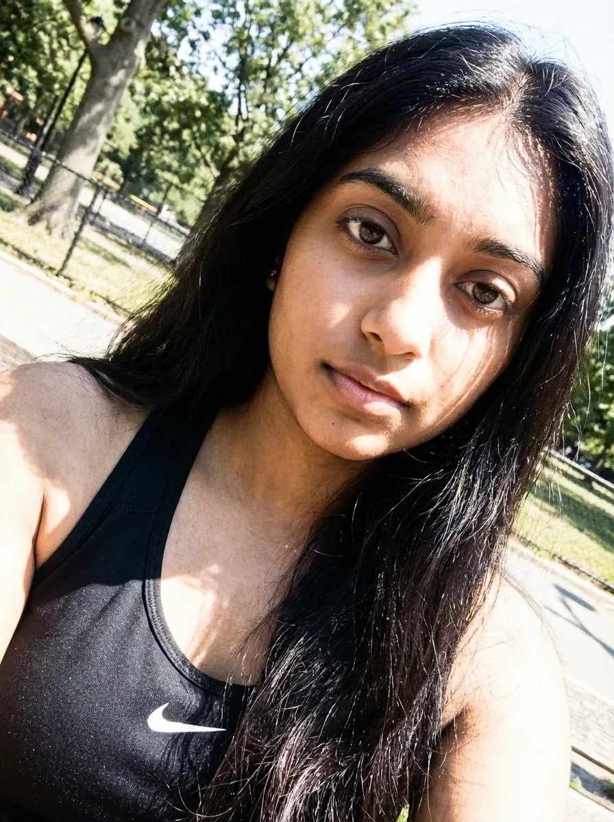 Original selfie input — woman in a black athletic tank top outdoors